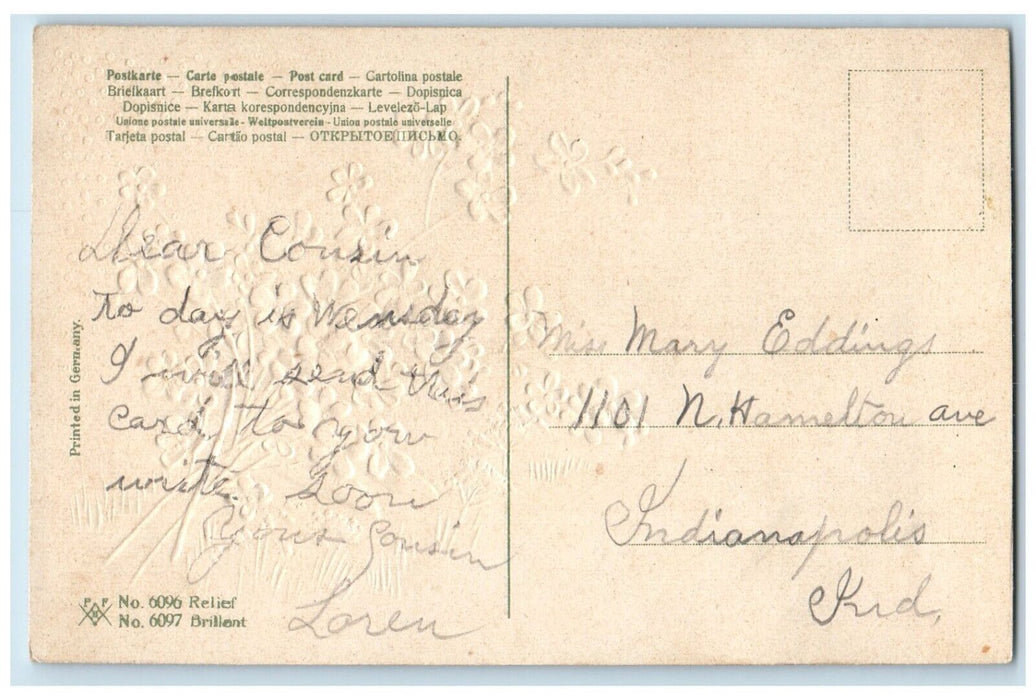 c1910's Greetings From Newtonville Indiana IN, Glitter Flowers Embossed Postcard