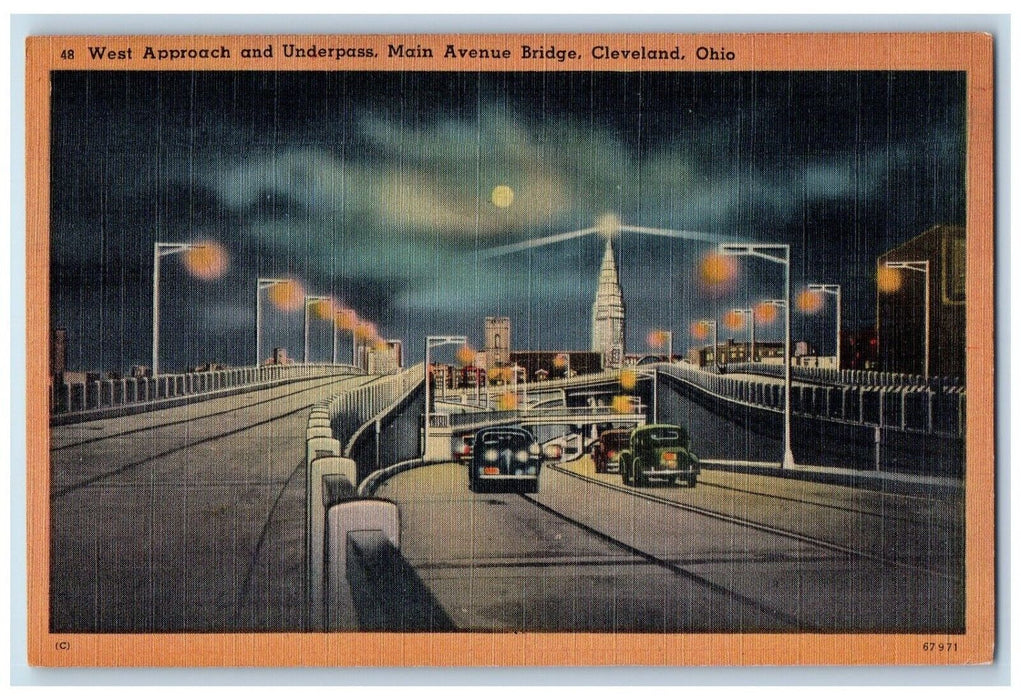 c1940 West Approach Underpass Main Avenue Bridge Night Cleveland Ohio Postcard