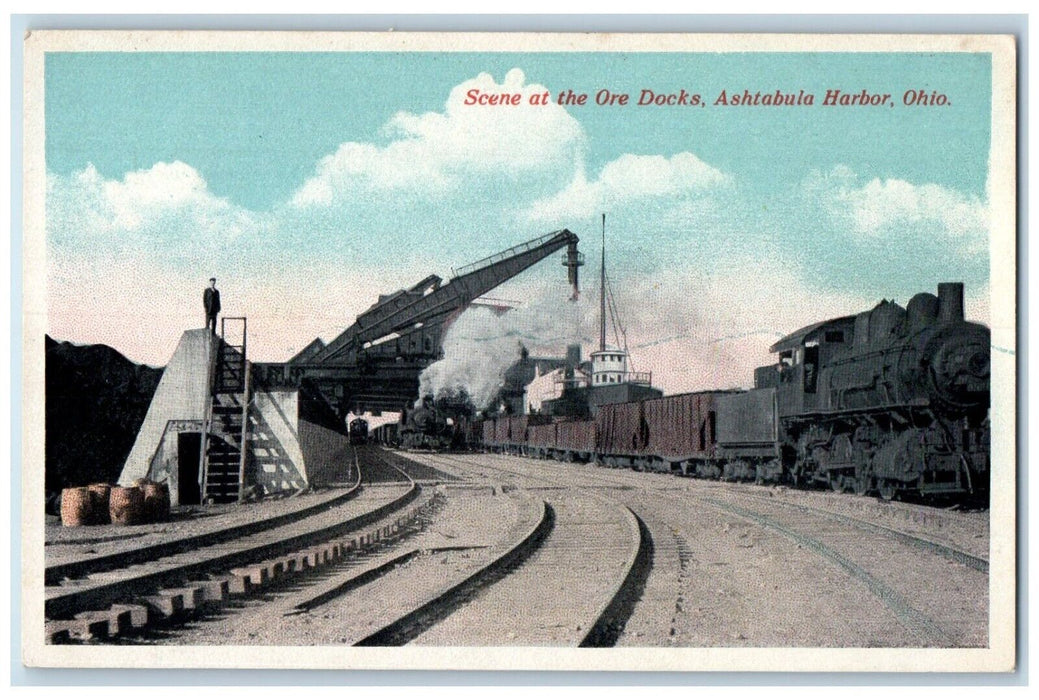 c1910 Scene At Ore Docks Locomotive Train Factory Ashtabula Harbor Ohio Postcard