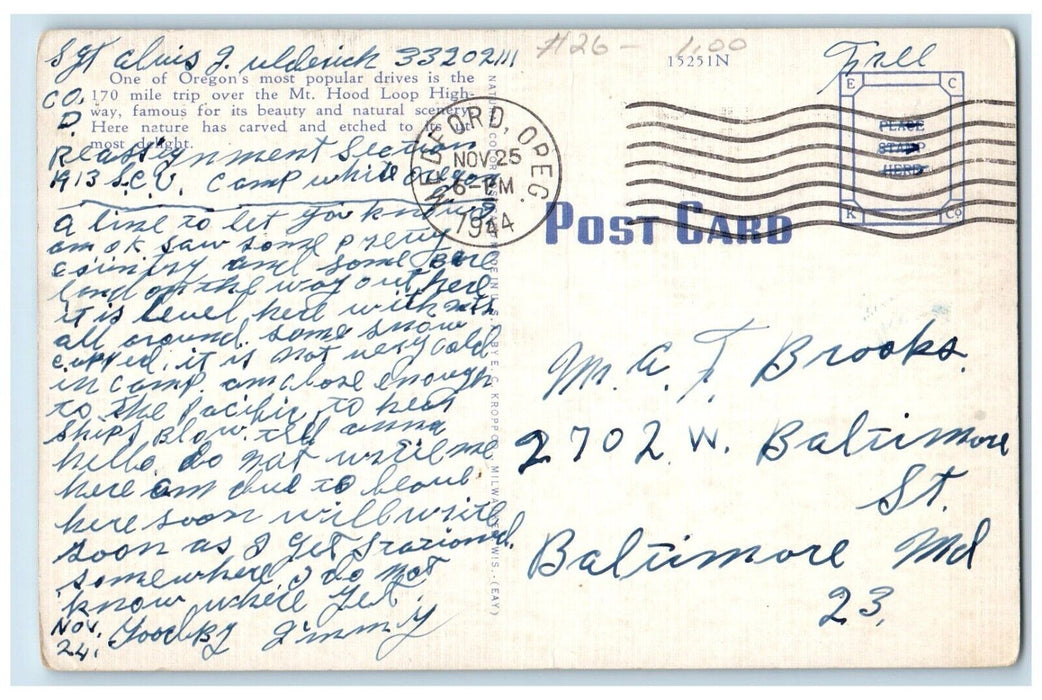 1944 Devil's Punch Bowl Falls River Lake Mt. Hood Loop Highway Oregon Postcard