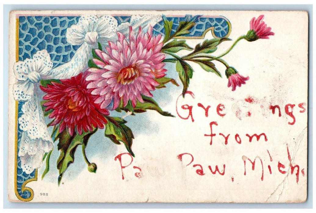 1909 Greetings From Paw Paw Michigan MI, Flowers Embossed Antique Postcard