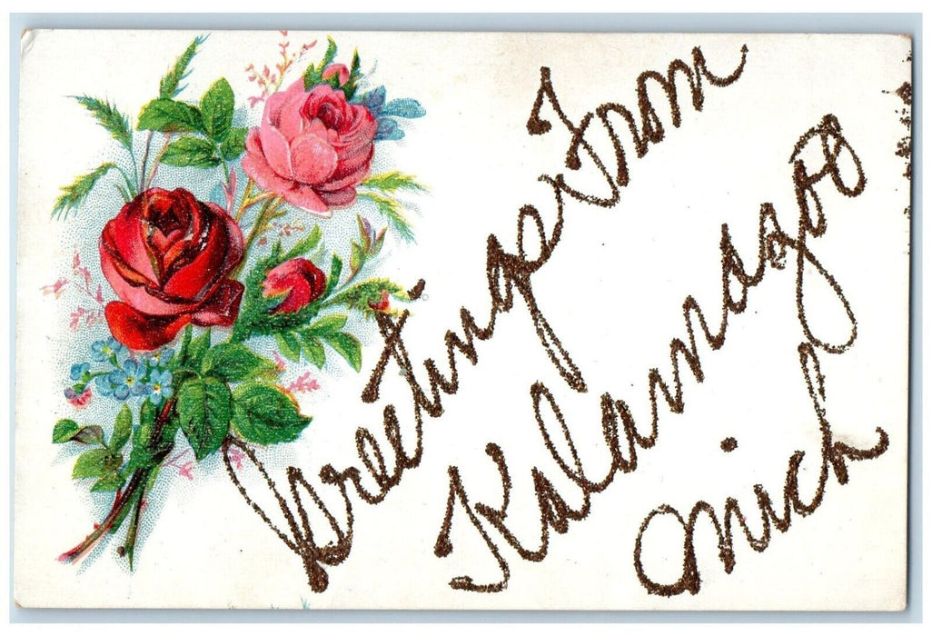 1909 Greetings From Kalamazoo Michigan MI, Flowers Embossed Antique Postcard