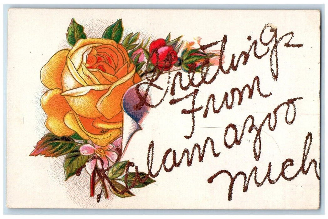 c1910's Greetings From Kalamazoo Michigan MI, Flowers Embossed Antique Postcard