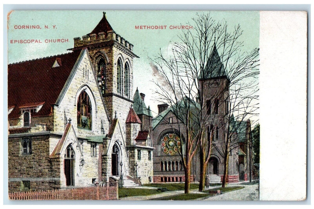 1909 Methodist Church And Episcopal Church Corning New York NY Antique Postcard