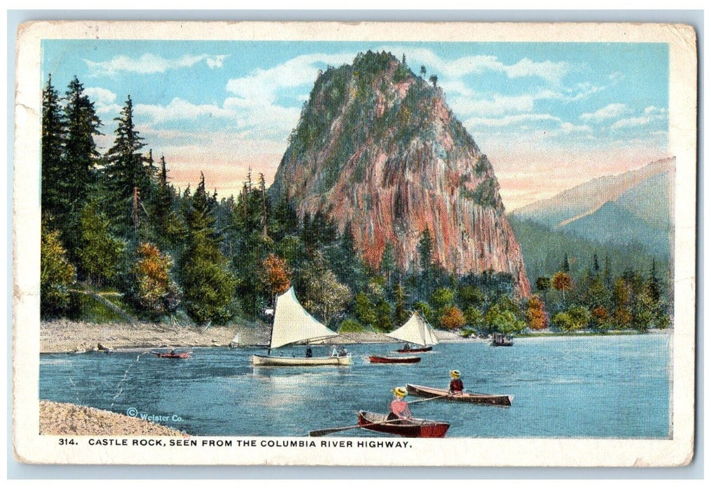 1916 Castle Rock Seen Columbia River Highway River Canoe Boat Oregon OR Postcard