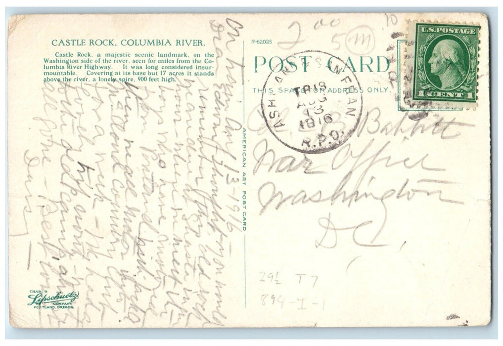 1916 Castle Rock Seen Columbia River Highway River Canoe Boat Oregon OR Postcard
