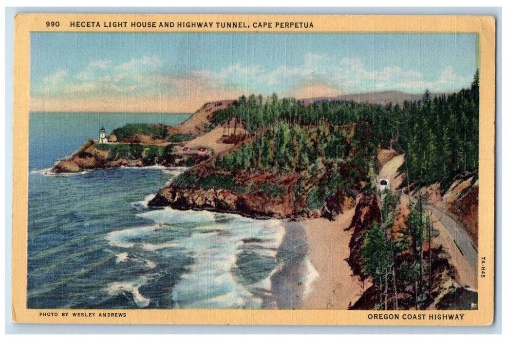 1945 Heceta Light House Highway Tunnel Cape Perpetua Oregon Coast Beach Postcard