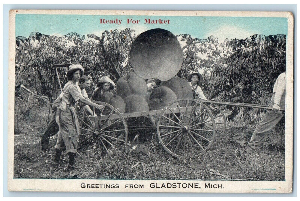 c1940 Greetings From Ready For Market Exaggerated Gladstone Michigan MI Postcard
