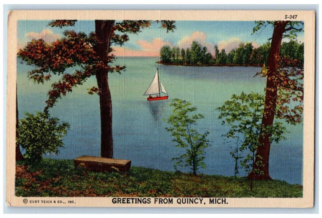 1945 Greetings From Sailboat River Lake Quincy Michigan Vintage Antique Postcard