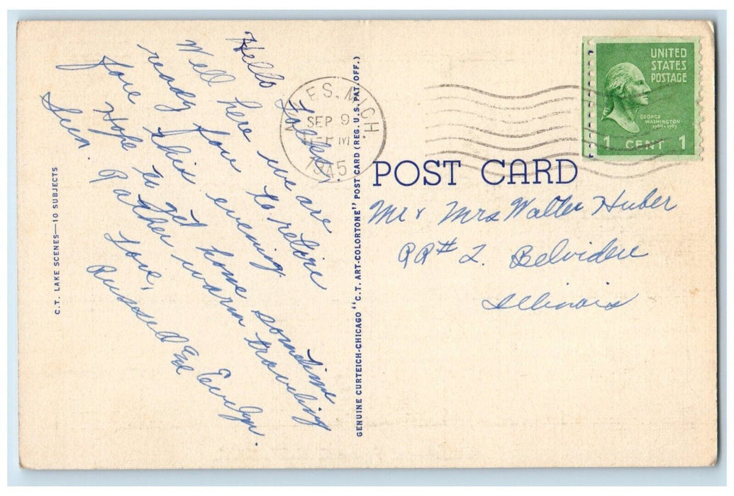 1945 Greetings From Sailboat River Lake Quincy Michigan Vintage Antique Postcard