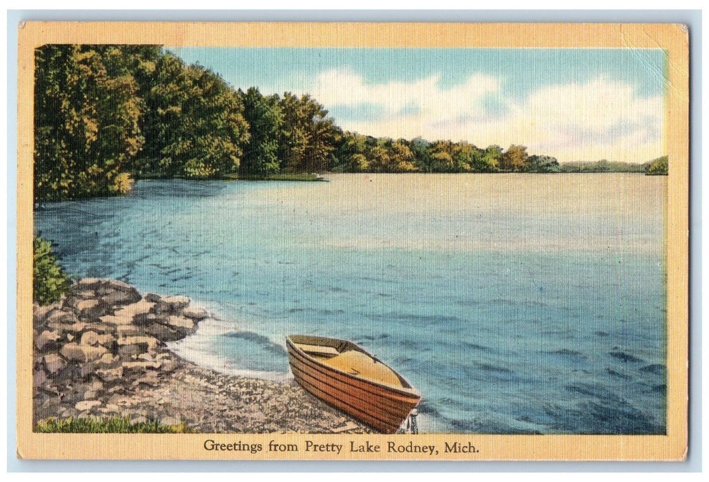 1951 Greetings From Canoe Boat Rock Pretty Lake Rodney Michigan Vintage Postcard