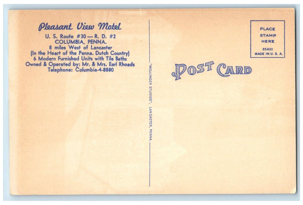 1940 Exterior View Pleasant View Motel Columbia Pennsylvania PA Antique Postcard