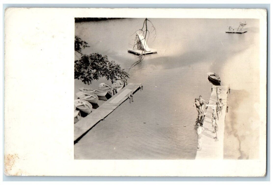 1937 Camp Swimming Boys Slide Boats Ayer Massachusetts MA RPPC Photo Postcard