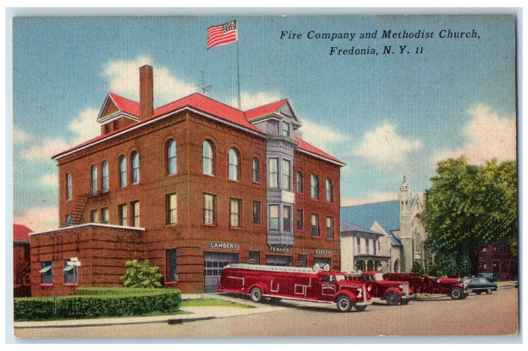 c1930's Fire Company And Methodist Church Fredonia New York NY, Cars Postcard