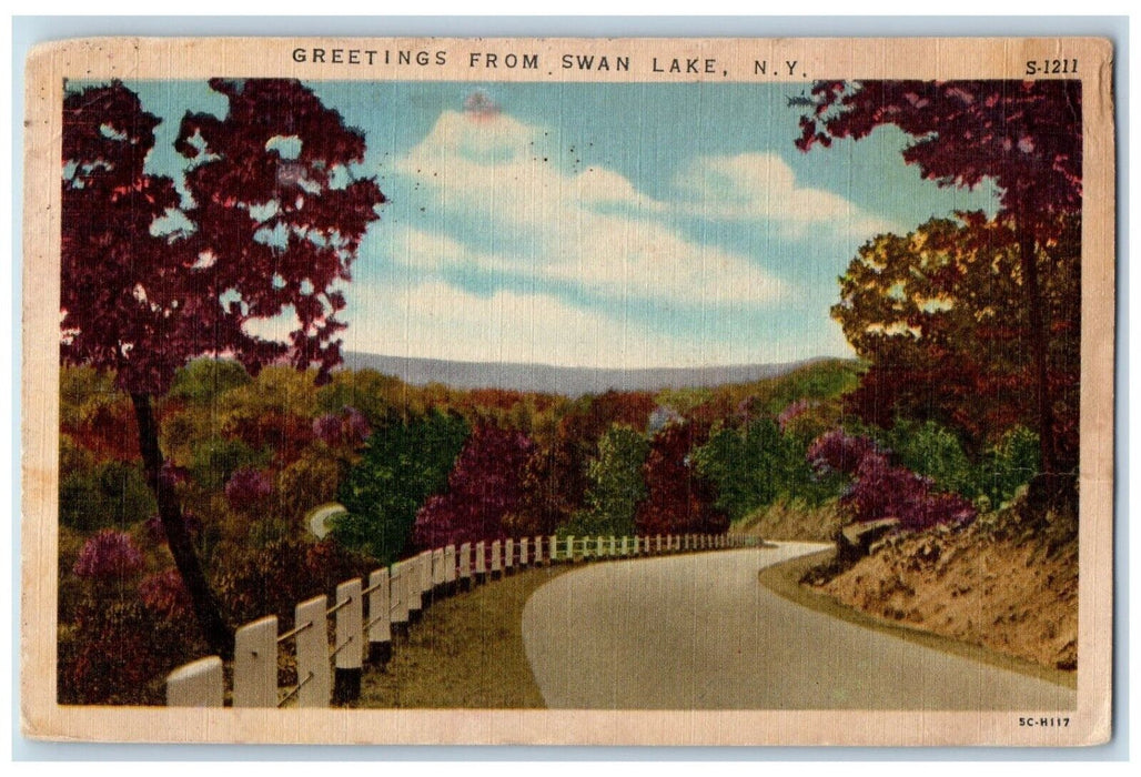 c1930's Greetings From Swan Lake New York NY, Road And Tress View Postcard