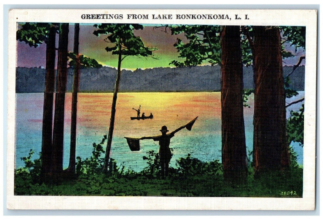 1937 Greetings From Lake Ronkonkoma Long Island New York NY, Canoeing Postcard