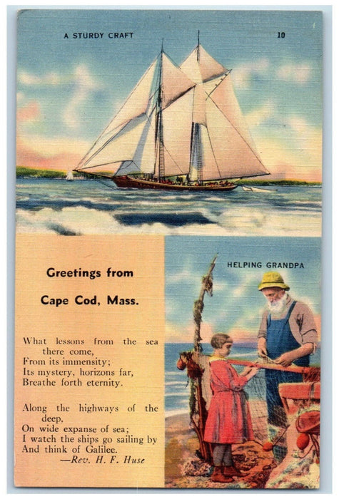 c1930's A Sturdy Craft Helping Grandpa Greetings from Cape Cod MA Postcard