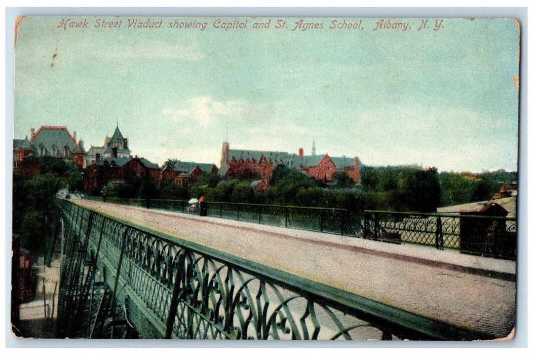 c1910's Hawk Street Viaduct Showing Capitol St. Agnes School Albany NY Postcard
