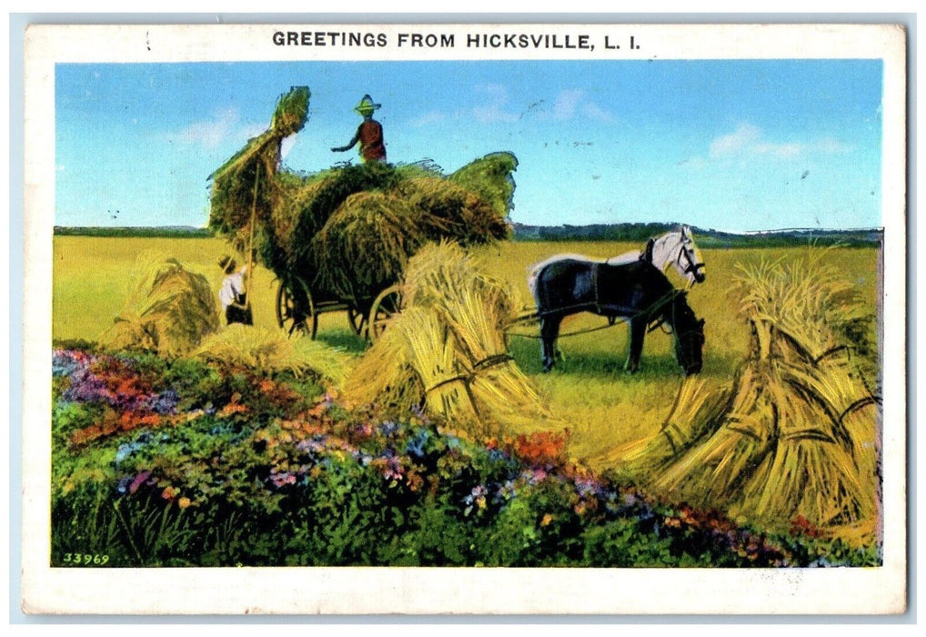 Greetings From Hicksville Long Island New York NY, Horse Wagon Field Postcard