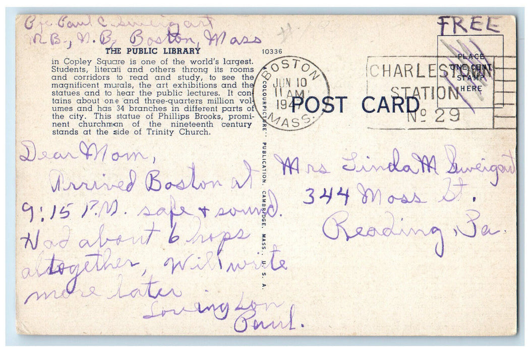 1947 Public Library Phillips Brooks Monument Copley Sq. Boston MA Postcard