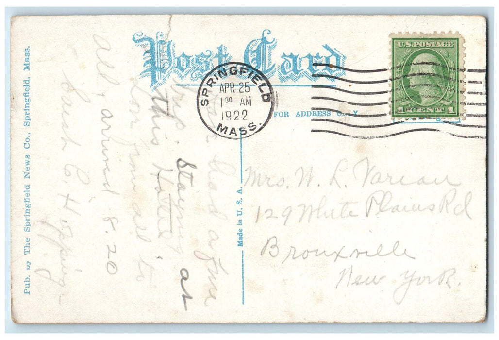 1922 Hotel Kimball Springfield Massachusetts MA Antique Posted Postcard