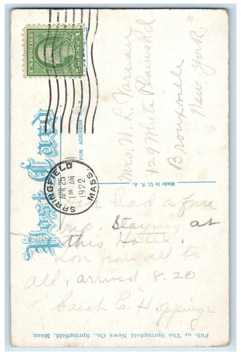 1922 Hotel Kimball Springfield Massachusetts MA Antique Posted Postcard