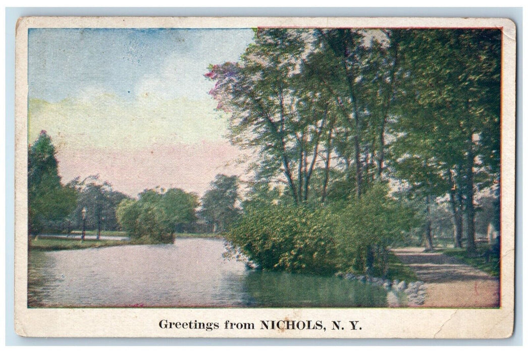 1930 Greetings From Nichols New York NY, River View Posted Antique Postcard