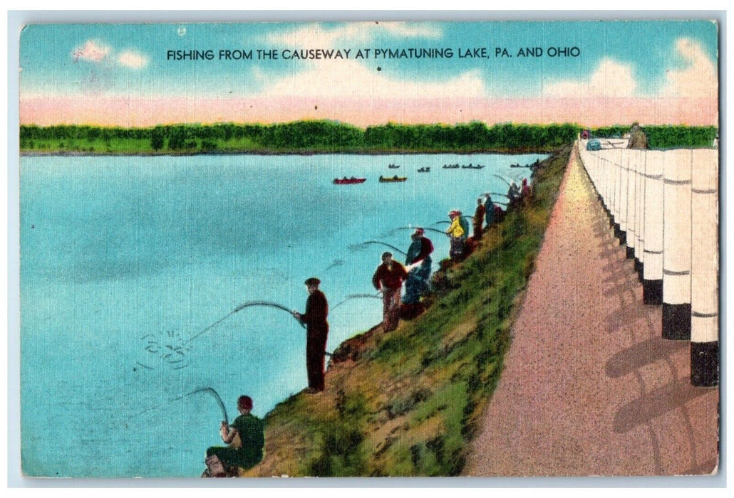 1954 Fishing Causeway Canoe Boat Pymatuning Lake Pennsylvania Ohio PA Postcard