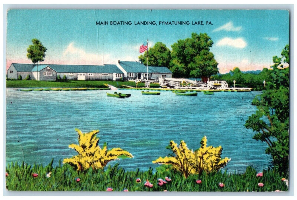 1954 Main Boating Landing Dock Pier Canoe Pymatuning Lake Pennsylvania Postcard