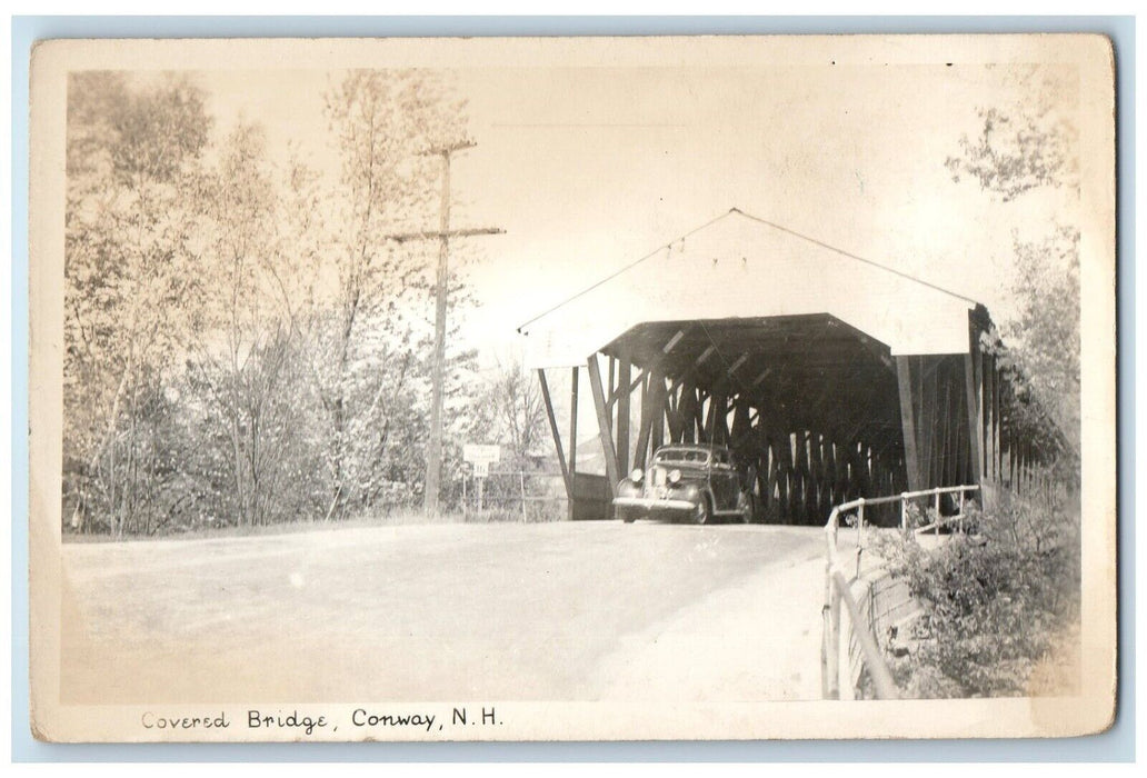 c1940's Covered Bridge Car Conway New Hampshire NH RPPC Photo Vintage Postcard