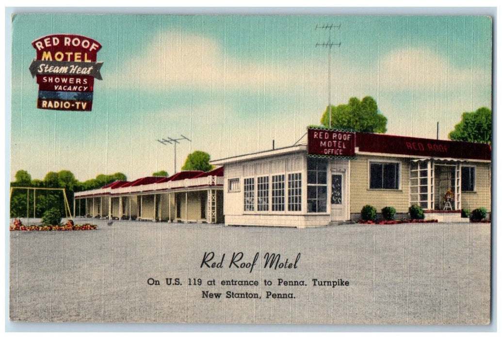 c1940 Red Roof Motel Entrance Penna Turnpike New Stanton Pennsylvania Postcard