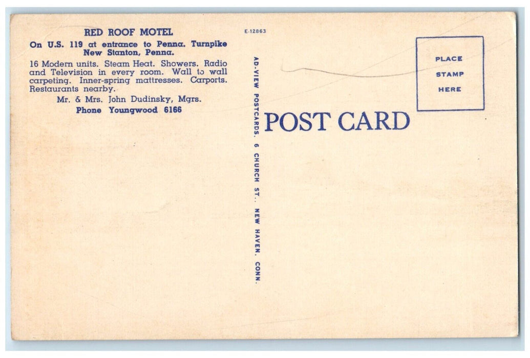 c1940 Red Roof Motel Entrance Penna Turnpike New Stanton Pennsylvania Postcard