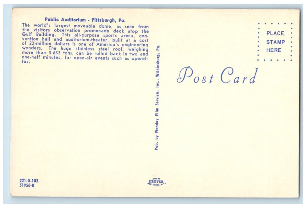 c1960 Public Auditorium Moveable Dome Building Pittsburgh Pennsylvania Postcard