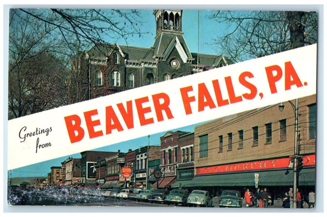 c1960 Greetings Old Main Geneva Seventh Ave. Beaver Falls Pennsylvania postcard