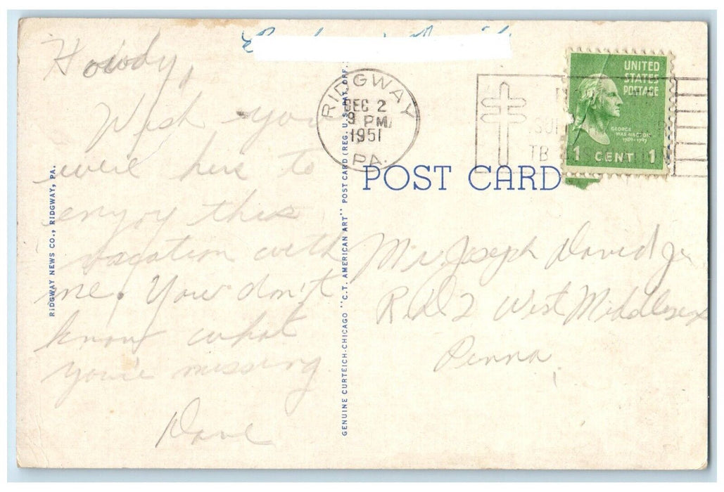 1951 Bucktail Trail Route Near Road Classic Car Ridgway Pennsylvania PA Postcard
