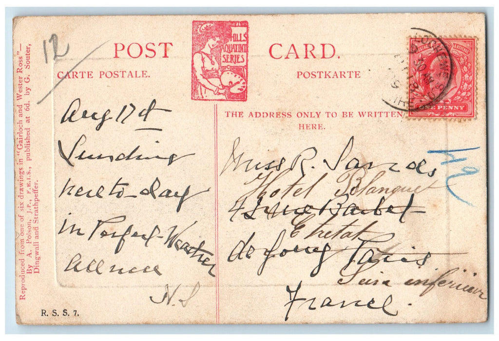 1909 Loch Maree Hotel Ross-Shire Dingwall Scotland Hills Aquatint Postcard