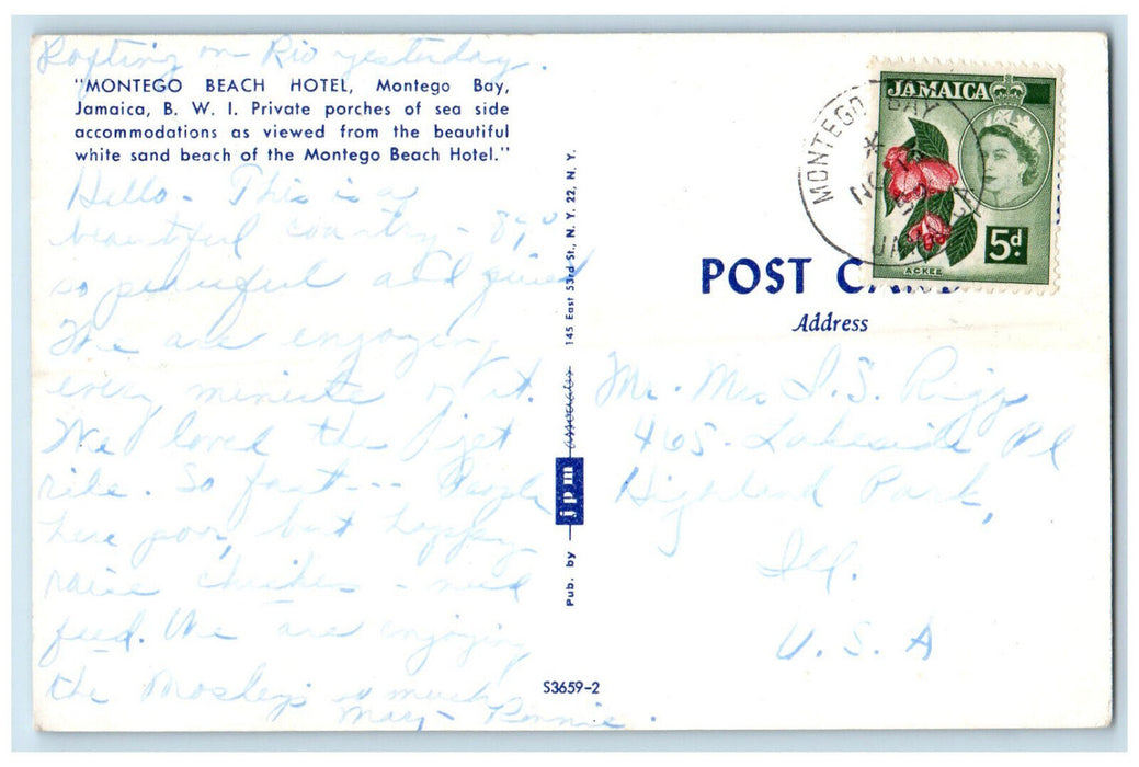 c1950's Montego Beach Hotel Montego Bay Jamaica B.W.I. Vintage Postcard
