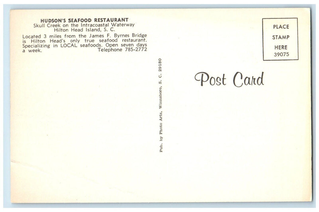 1960 Hudson's Seafood Restaurant Skull Creek Hilton Head South Carolina Postcard