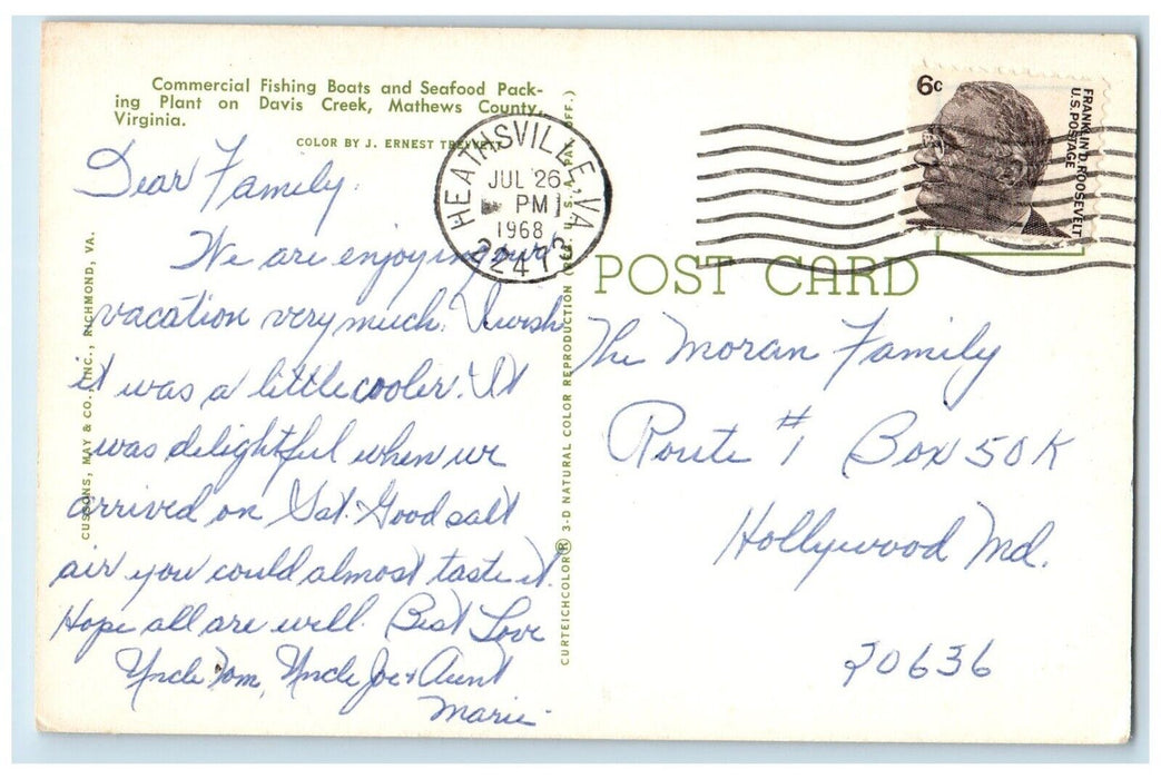 1968 Commercial Fishing Boats Seafood Packing Plant Mathews County VA Postcard