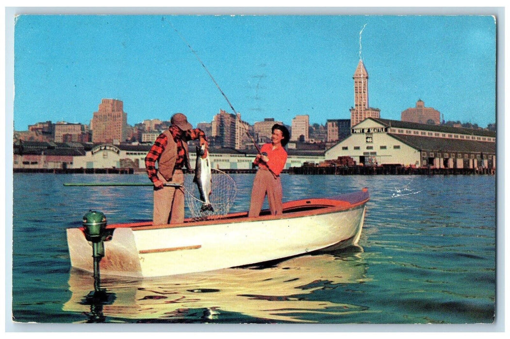1956 Boating Salmon Elliott Bay Skyline Background Seattle Washington Postcard