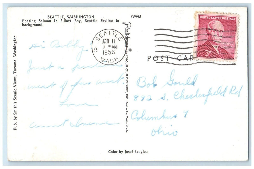 1956 Boating Salmon Elliott Bay Skyline Background Seattle Washington Postcard