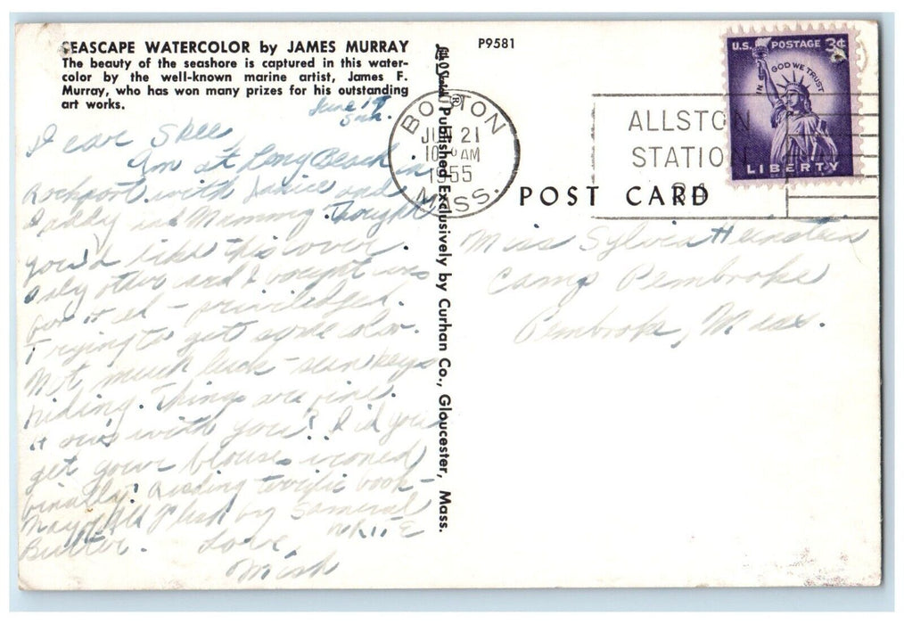 1955 Seascape Watercolor James Murray Seashore Boston Massachusetts MA Postcard