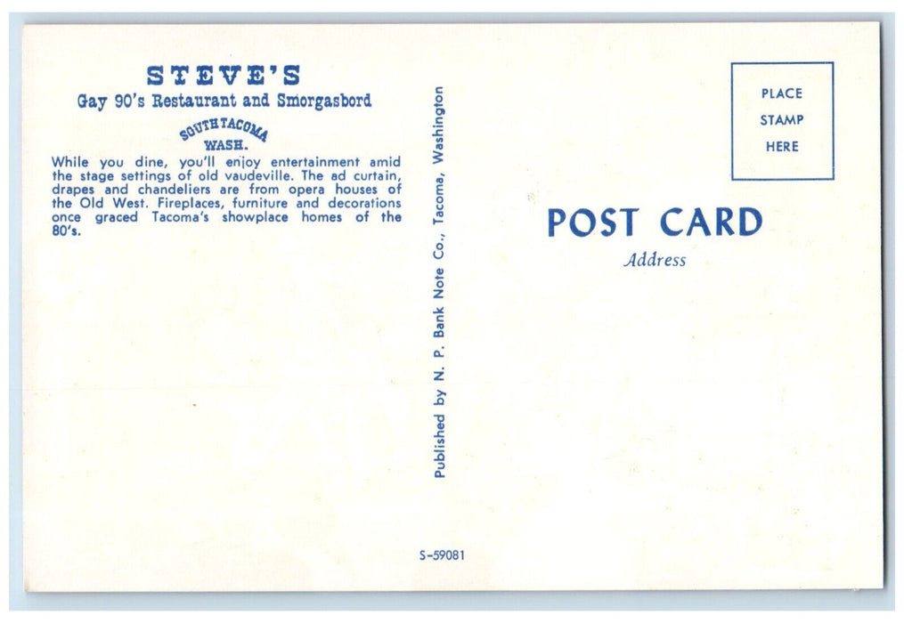 1960 Dancing Steve's Gay Restaurant Smorgasbord South Tacoma Washington Postcard