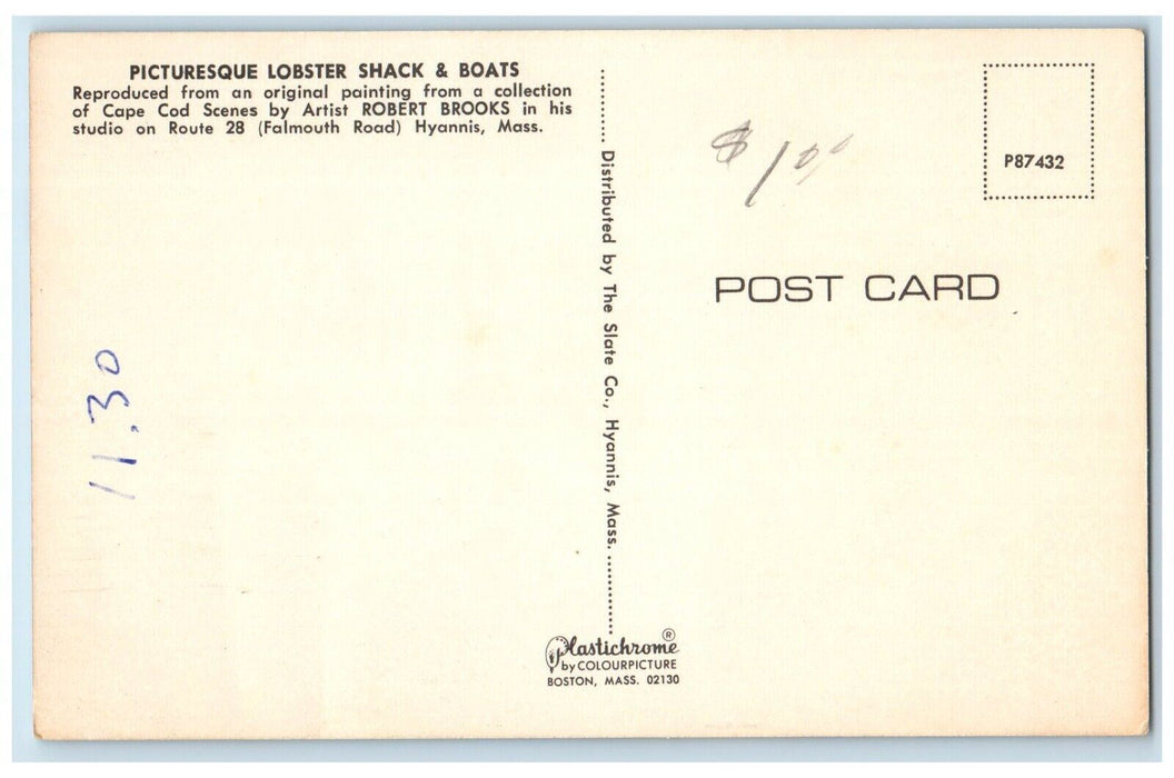 c1940 Picturesque Lobster Shack Boats Cape Cod Hyannis Massachusetts MA Postcard