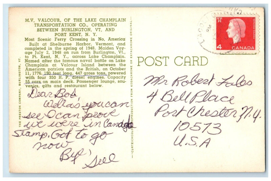 1960 M.V. Valcour Lake Champlain Transportation Port Kent New York NY Postcard