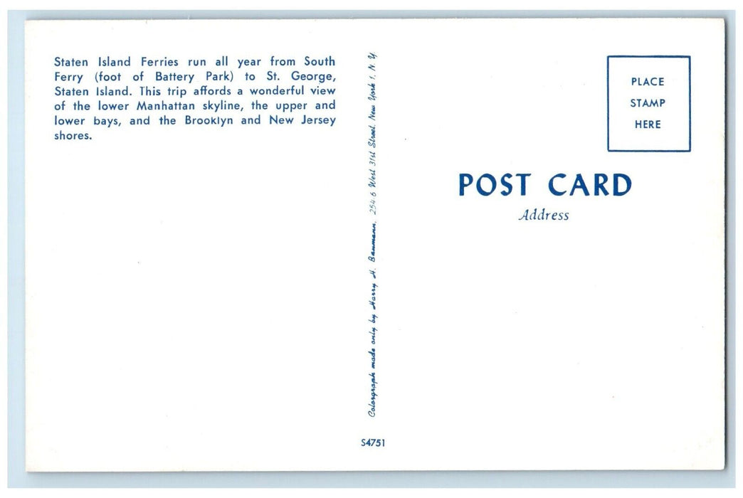1960 Staten Island Ferries South Ferry Battery Park St. George Brooklyn Postcard