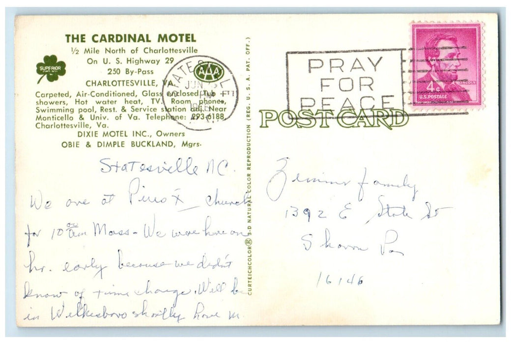 1966 Exterior Cardinal Motel Charlottesville Virginia VA Posted Antique Postcard