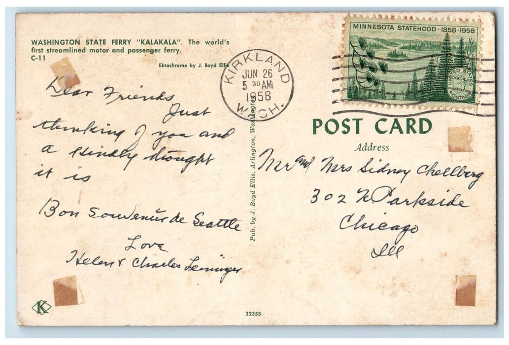 1958 Washington State Ferry Kalakala Passenger Streamlined Motor Ship Postcard