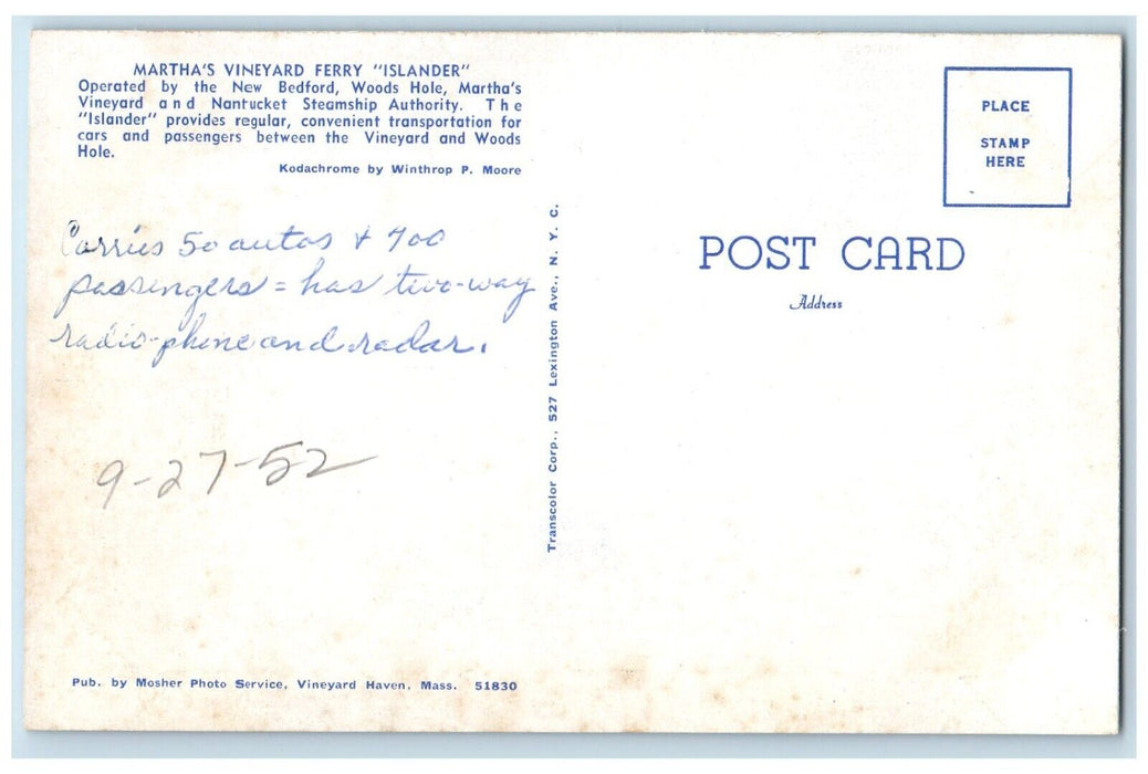 c1960 Martha's Vineyard Ferry Islander New Bedford Woods Hole Mass. MA Postcard