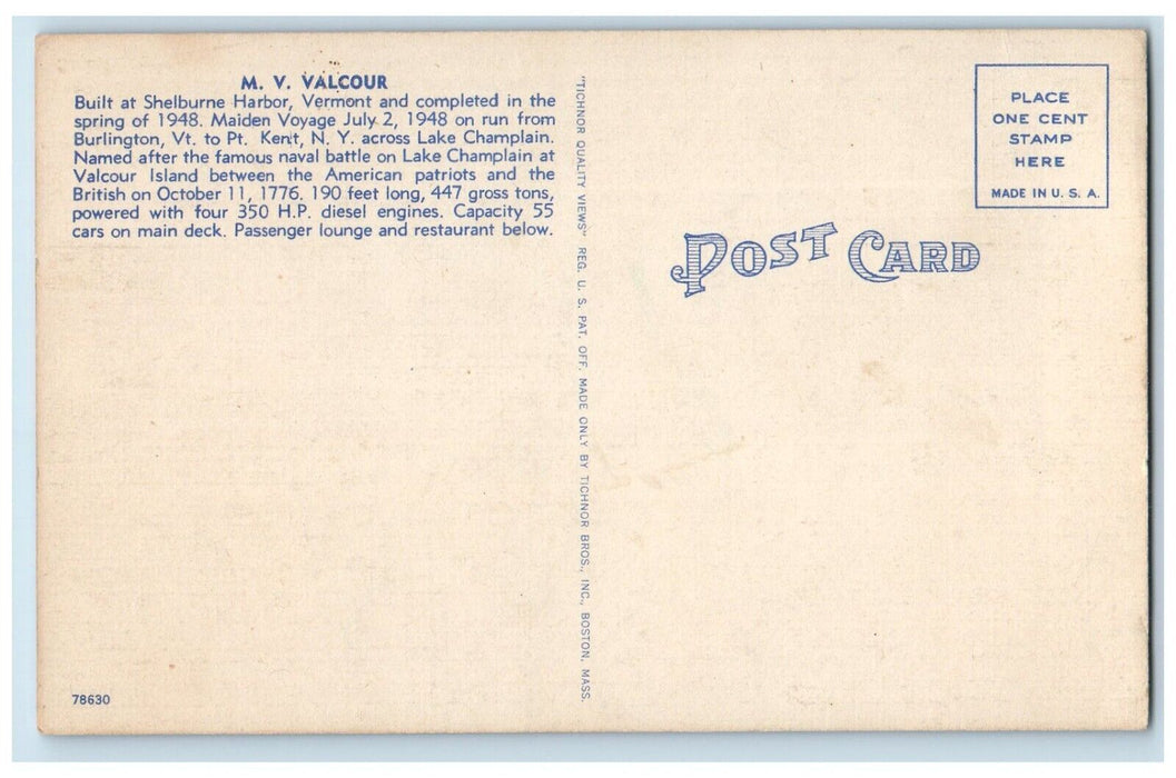 c1940 M.V. Valcour Lake Champlain Transportation Burlington Port Kent Postcard